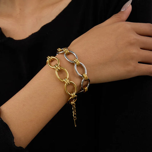 Pulsera Eslabon Grande Plateado/Dorado. Acero Inoxidable 316